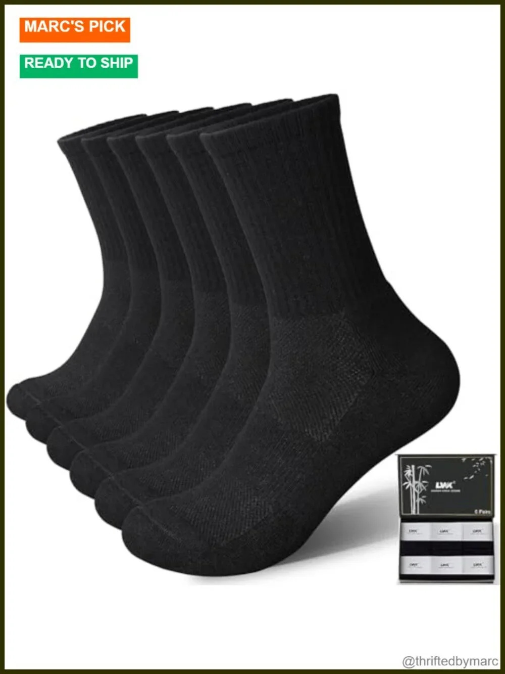 Men's Bamboo Viscose Thick Cushioned Crew Socks 6-Pack Gift Box